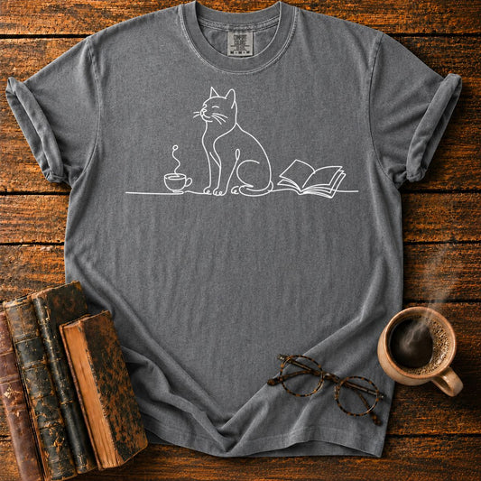 Minimalist Cat, Cup, and Book T-Shirt