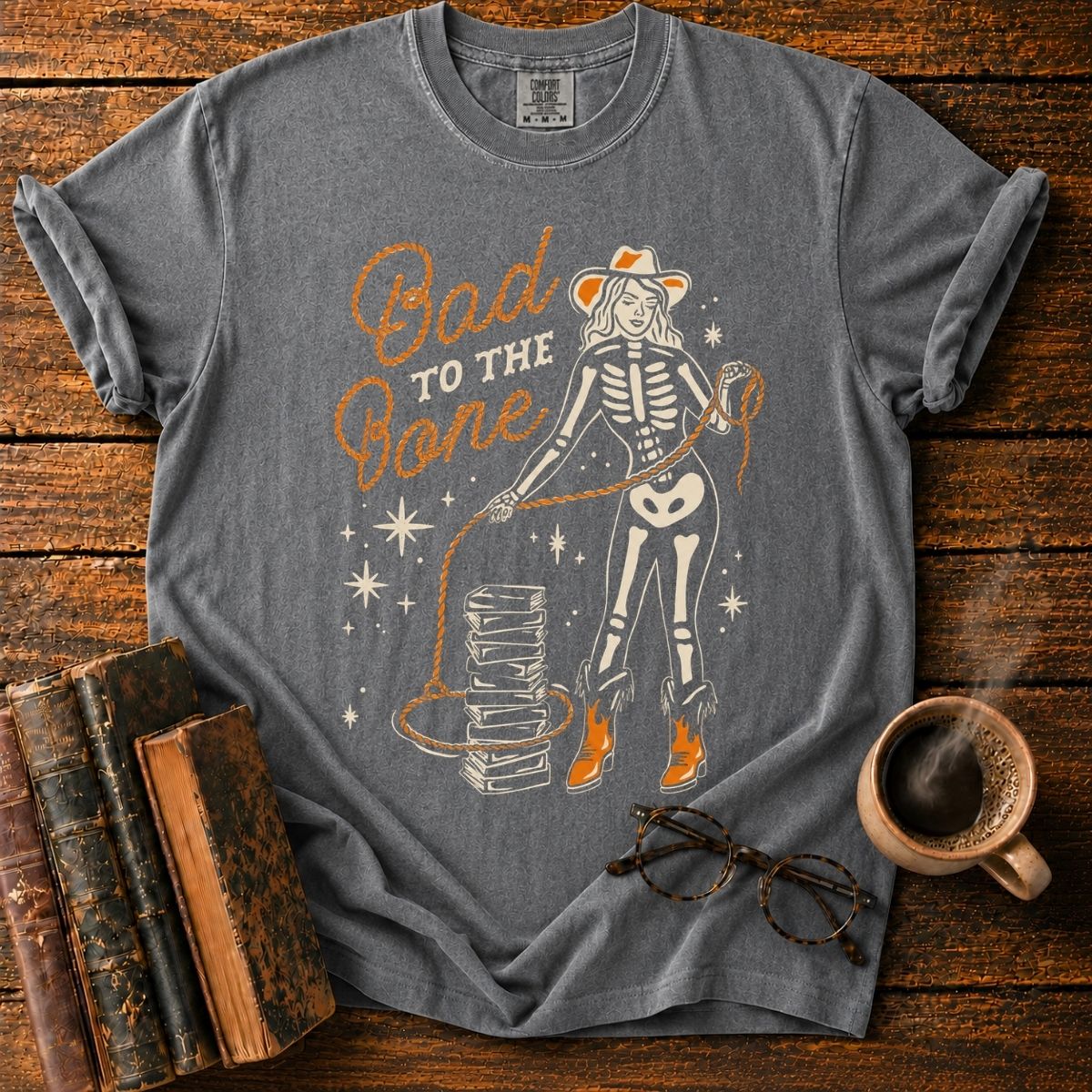 Retro Skeleton Cowgirl and Books T-Shirt