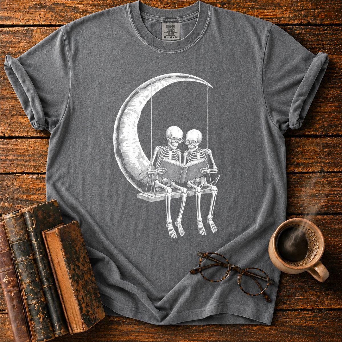 Skeletons Reading Beneath a Crescent Moon T-Shirt