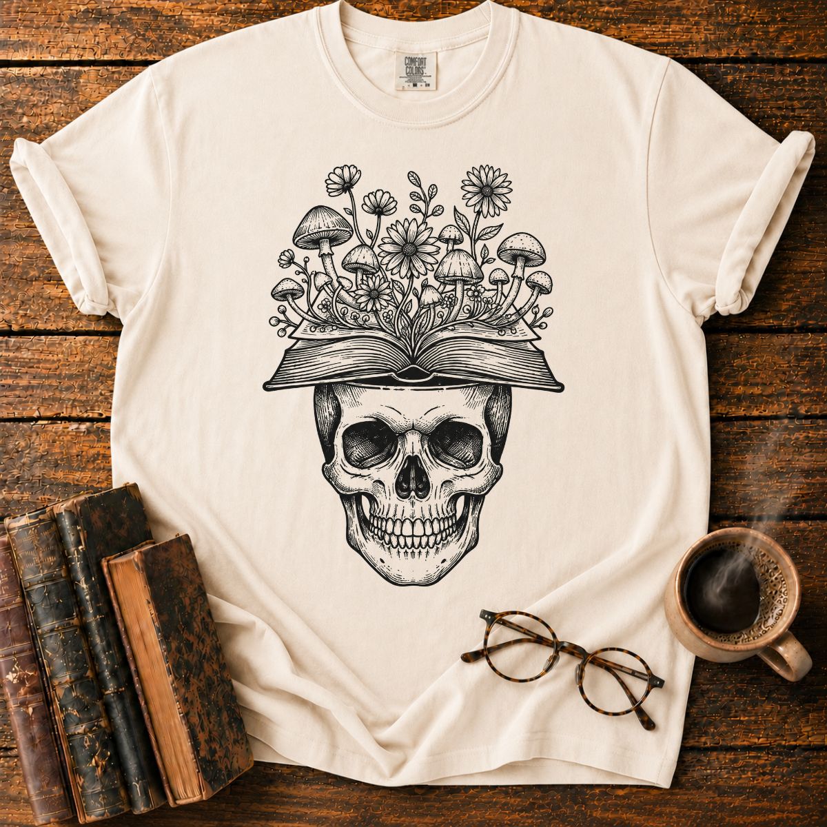 Skull Book Mushroom Wildflowers T-Shirt