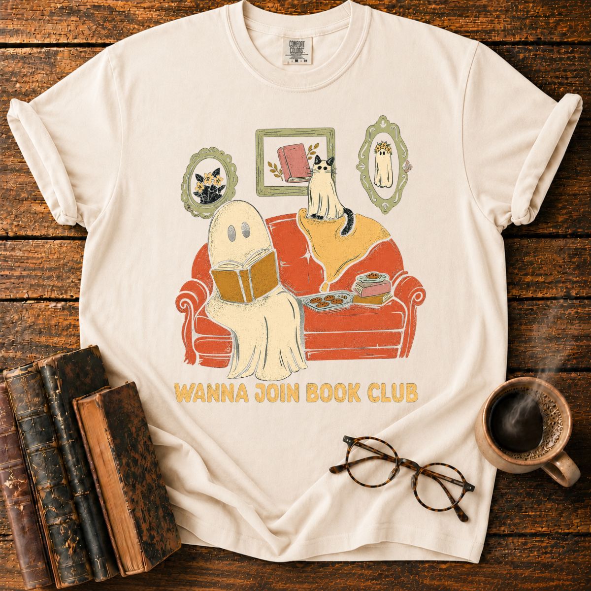 Cozy Ghost and Cat Book Club T-Shirt