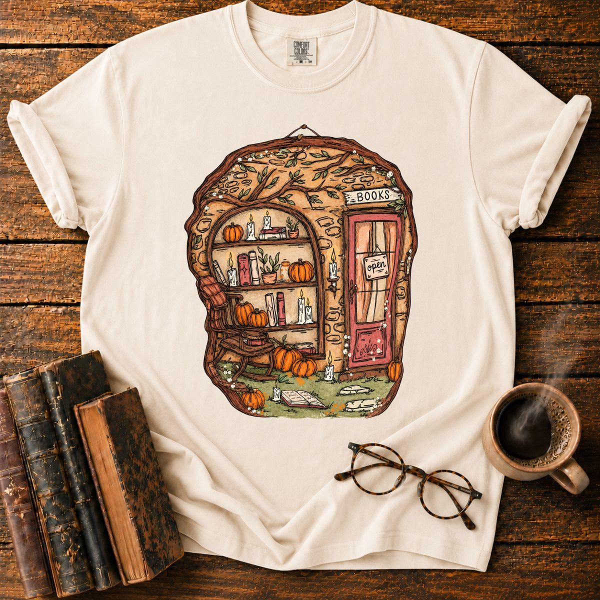 Whimsical Autumn Treehouse Bookstore T-Shirt
