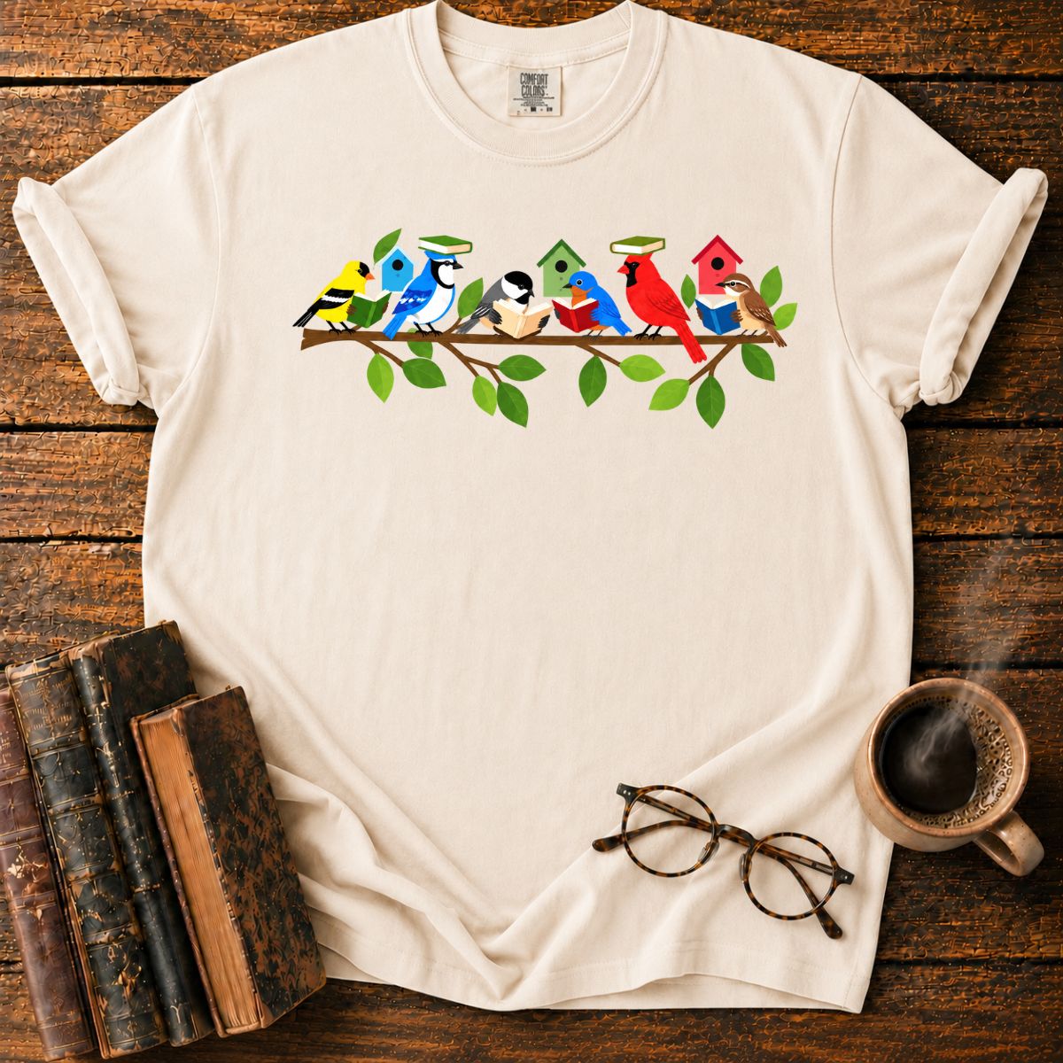 Whimsical Birds’ Reading Branch T-Shirt