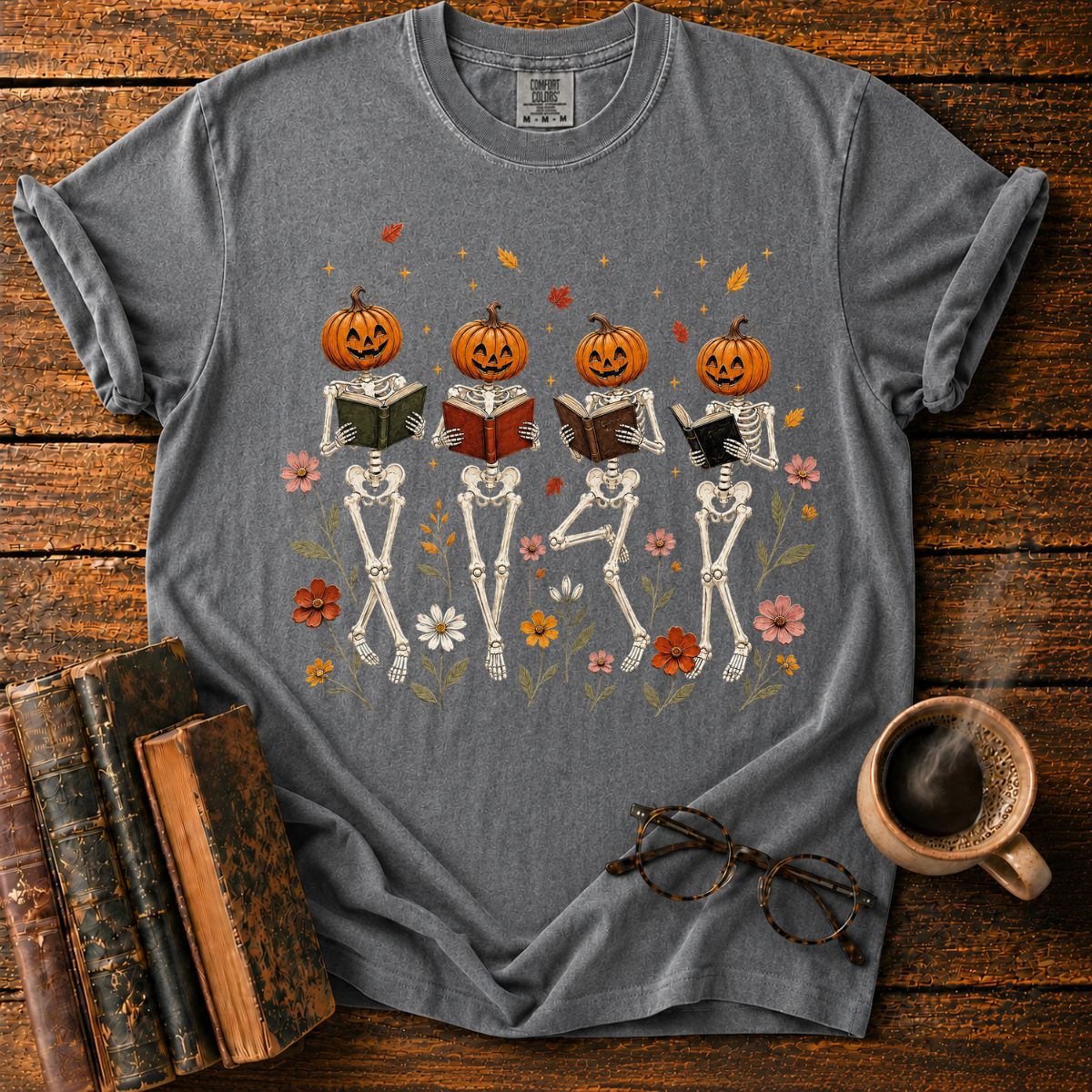 Skeletons Reading Among Autumn Flowers T-Shirt