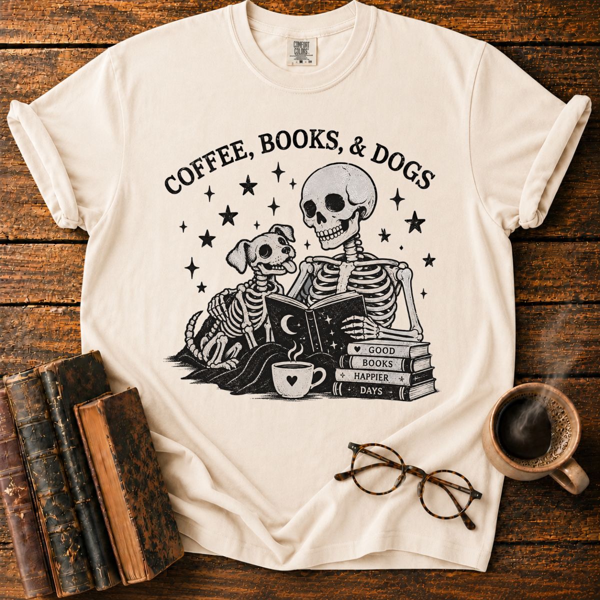 Coffee Books and Dogs Skeleton T-Shirt