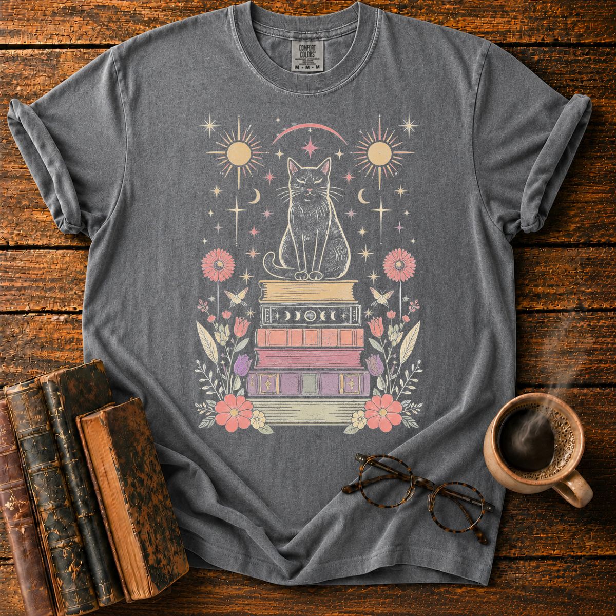 Celestial Black Cat Book Stack T-Shirt