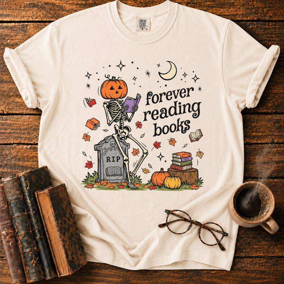 Forever Reading Books Pumpkin Skeleton T-Shirt