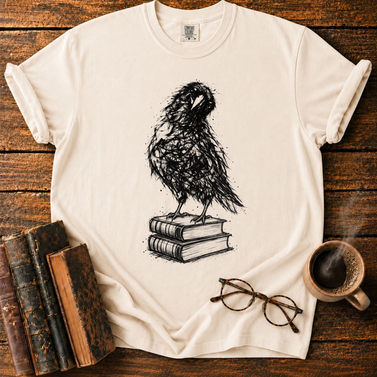 Ink-Crow Perched on Old Books T-Shirt