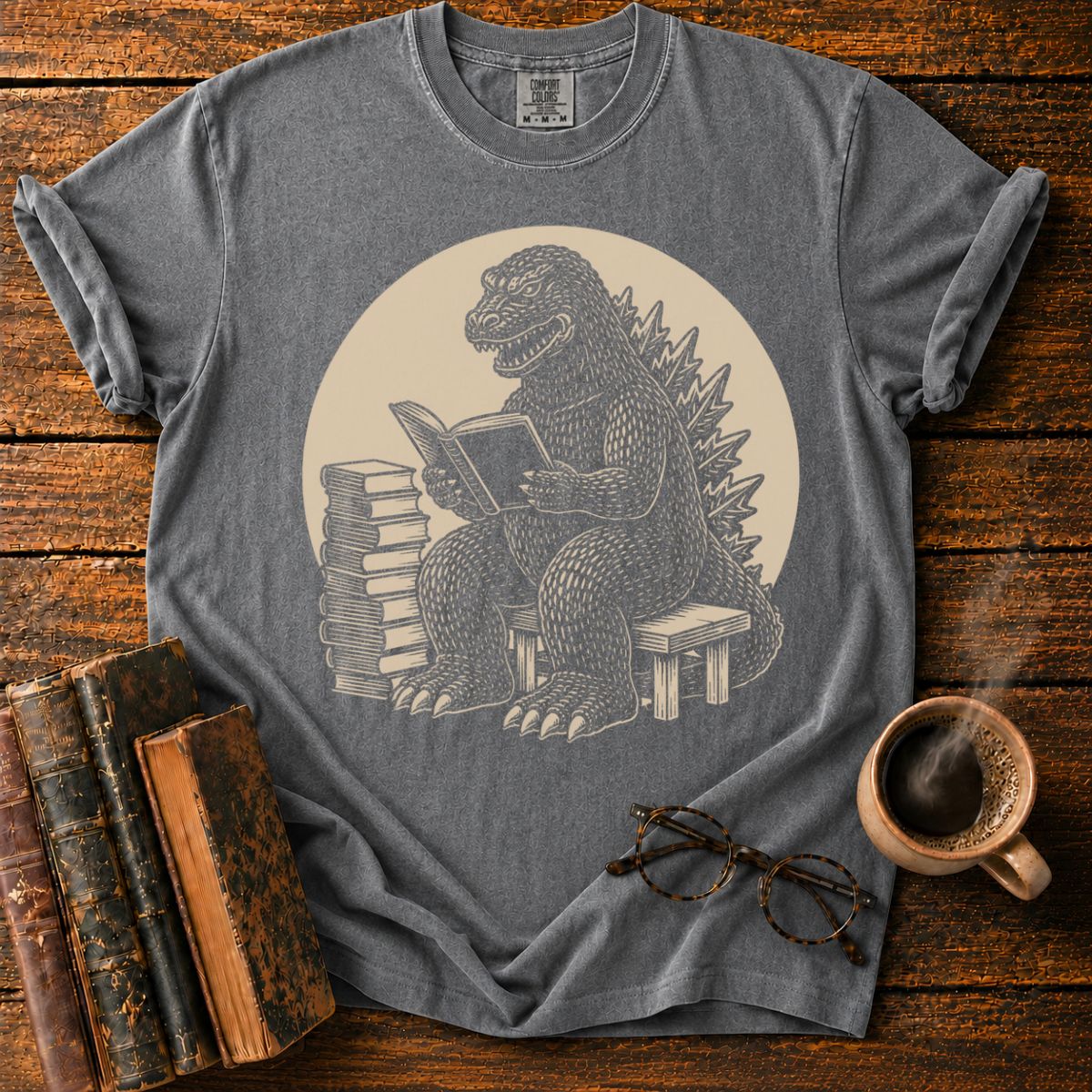 Kaiju Reading in Vintage Woodcut Style T-Shirt