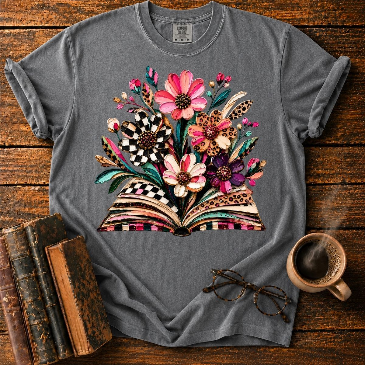 Floral Bouquet Rising from Book T-Shirt