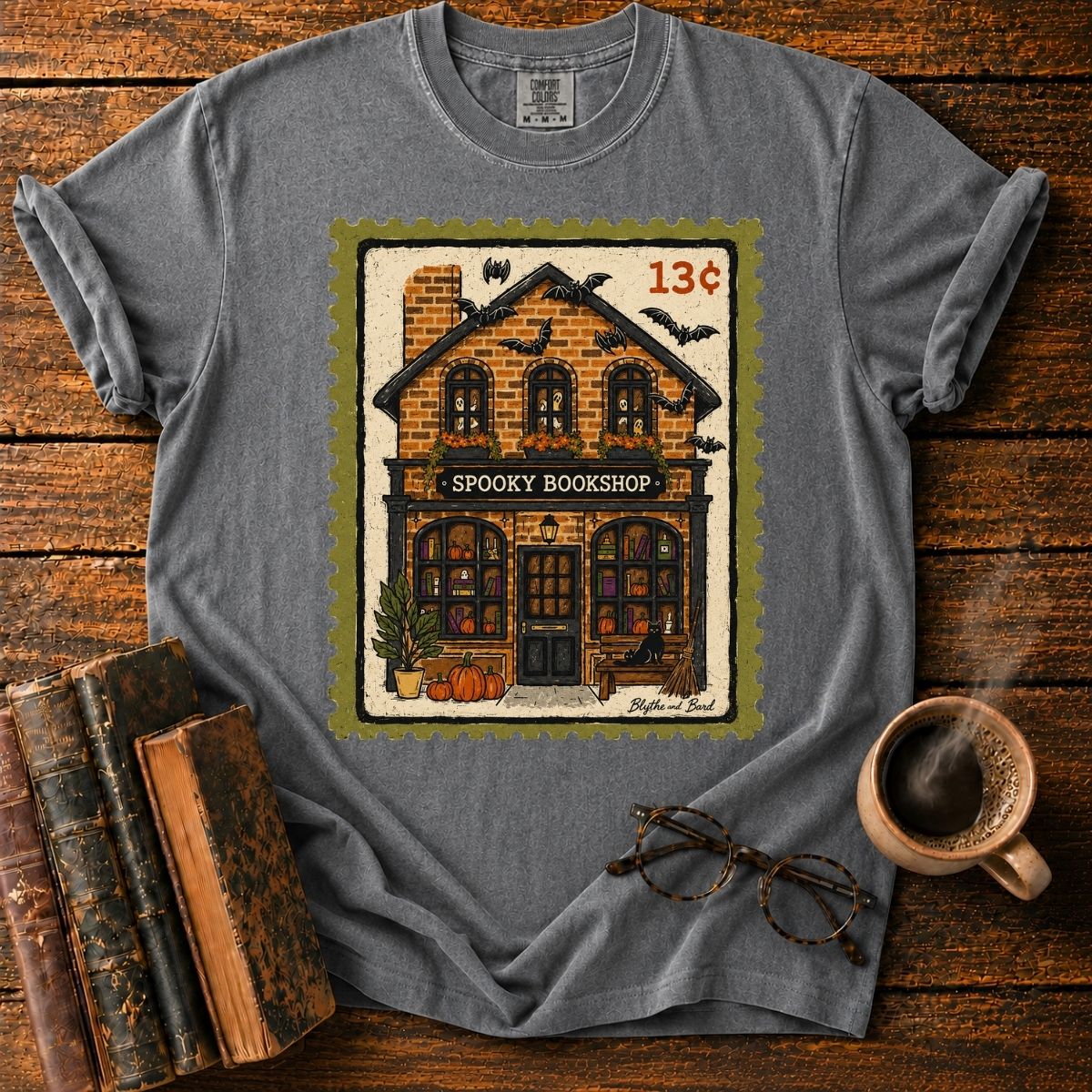 Spooky Bookshop Halloween Stamp T-Shirt