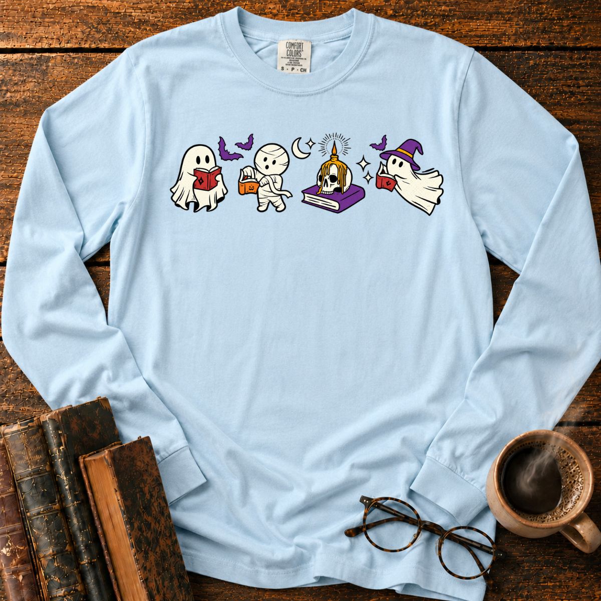 Spooky Ghost Mummy Book Lover LS T-Shirt