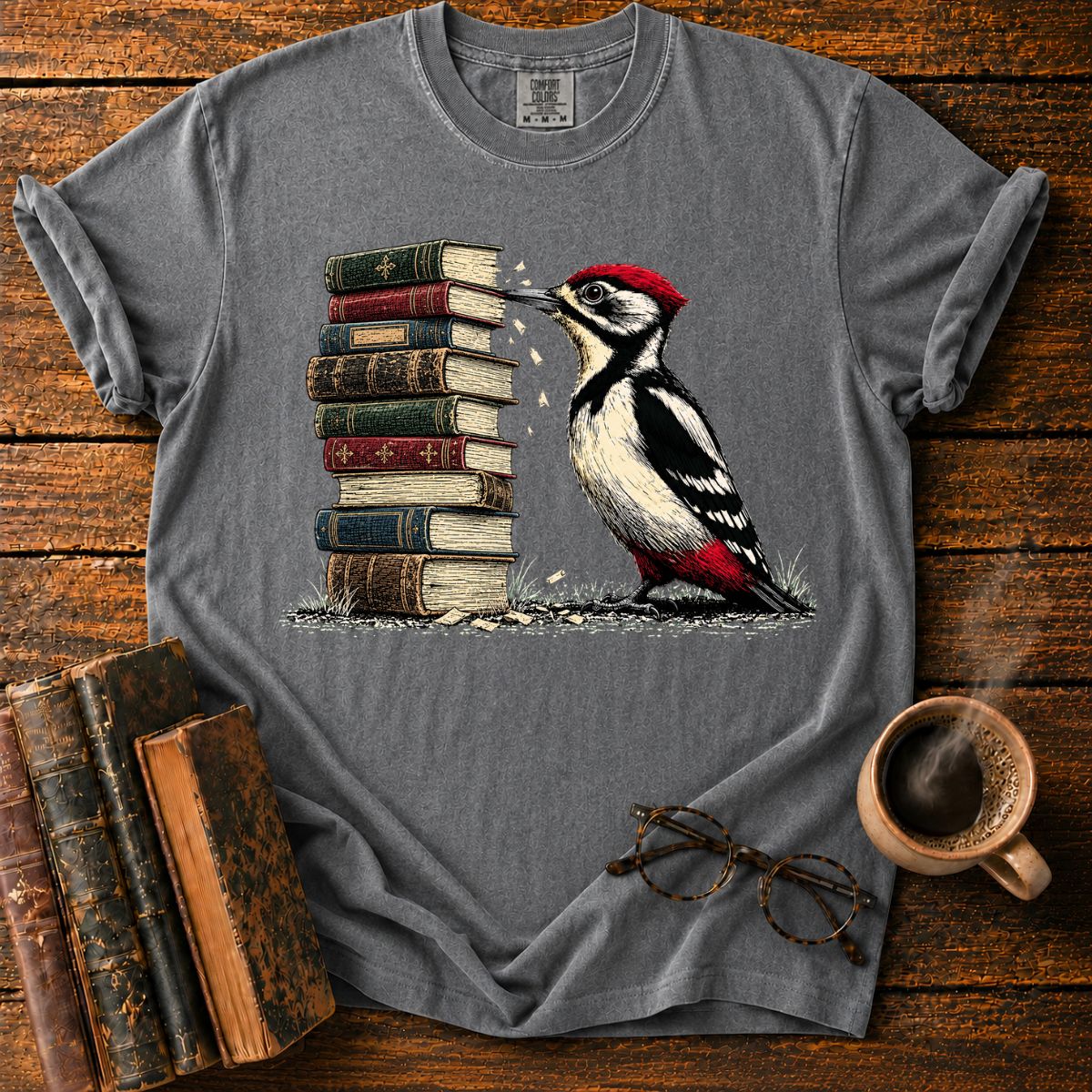 Woodpecker Pecks a Book Stack T-Shirt