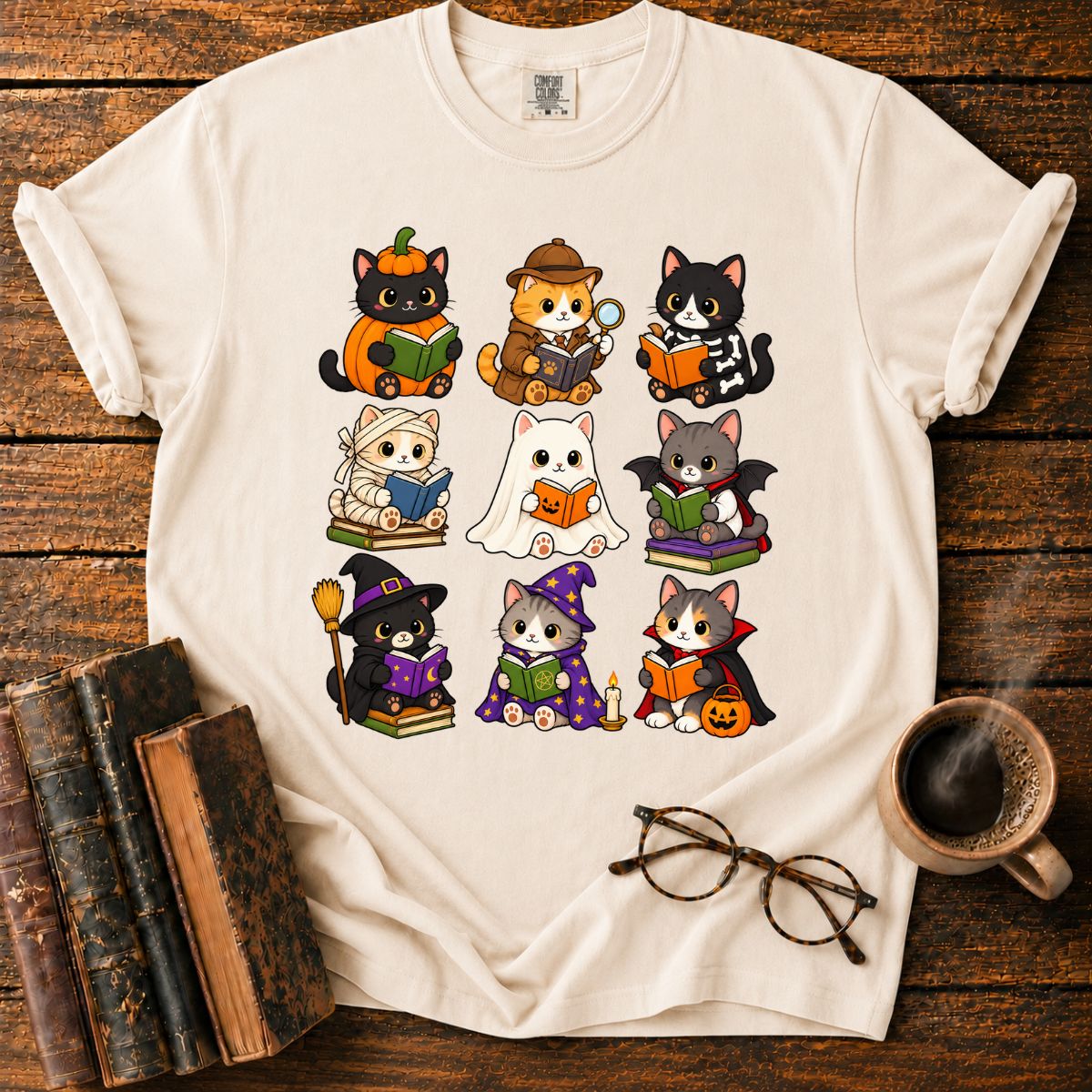 Kawaii Halloween Cat Reading T-Shirt