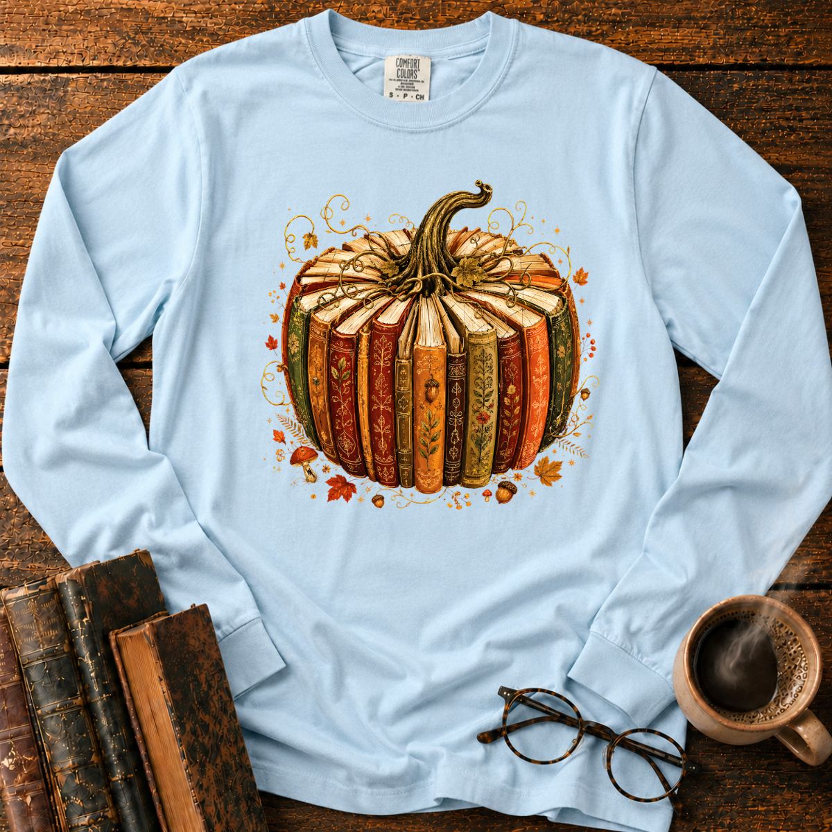 Vintage Book Pumpkin Fall LS T-Shirt