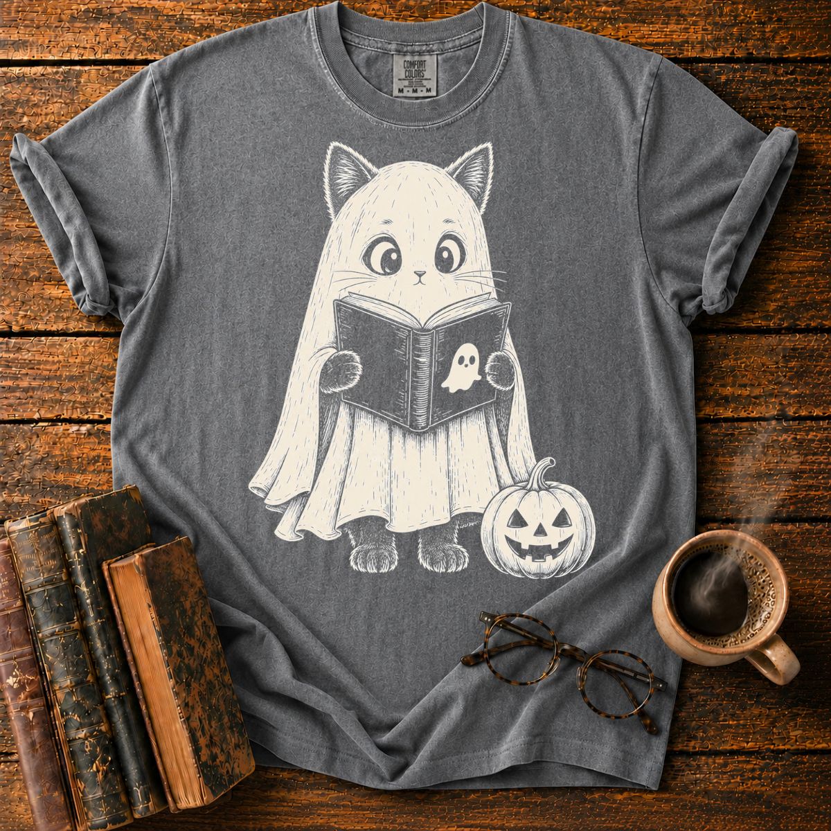 Ghost Cat Reading by Pumpkin T-Shirt