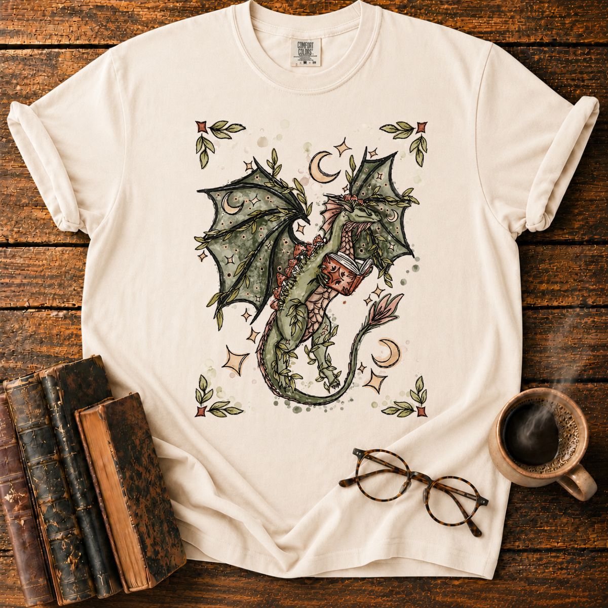 Whimsical Dragon Reading Among Stars T-Shirt