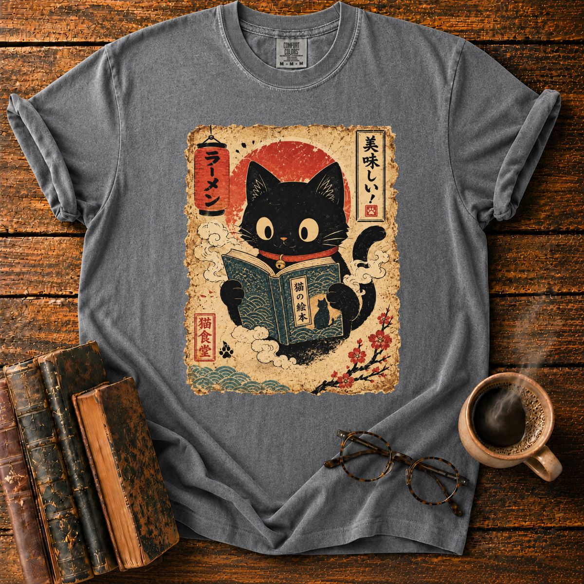 Kawaii Cat Reading Ukiyo T-Shirt