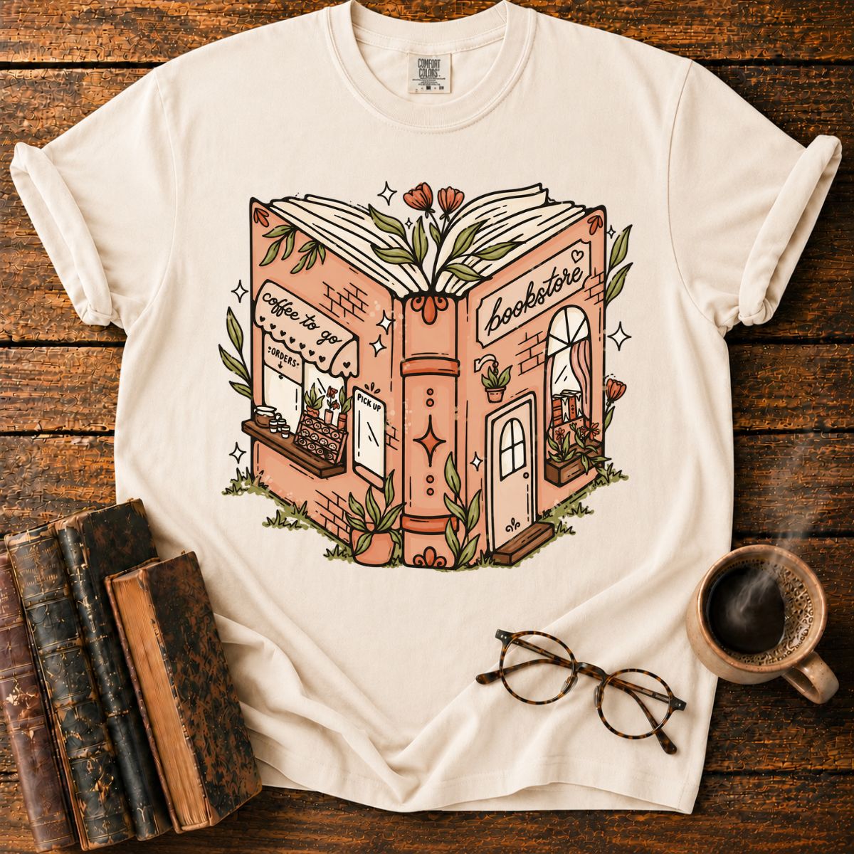 Whimsical Open-Book Bookstore Coffee T-Shirt