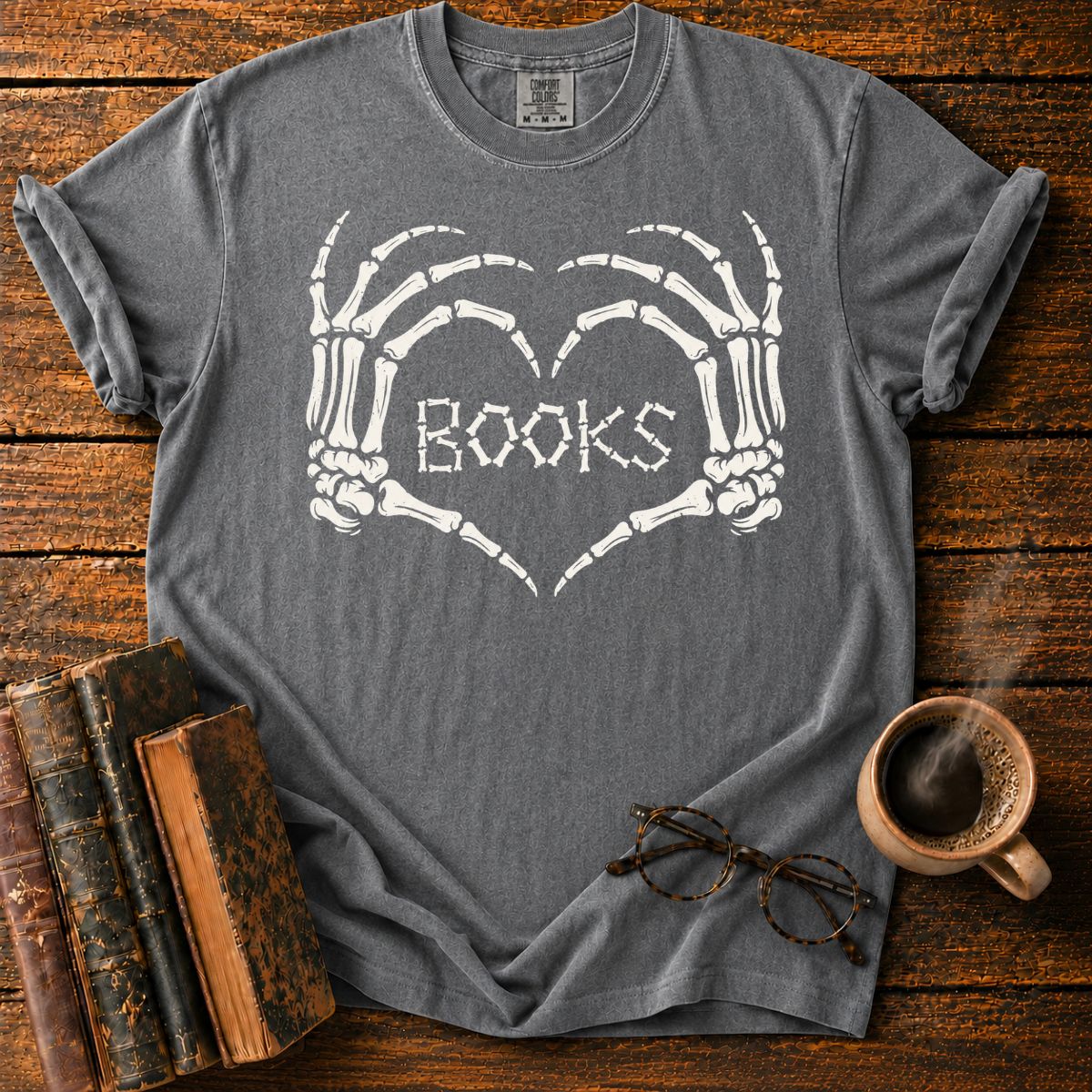 Skeleton Hands Heart Books T-Shirt