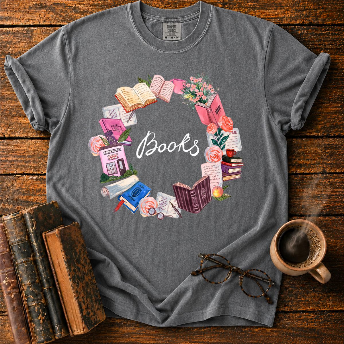 Pastel Books and Blooms Wreath T-Shirt