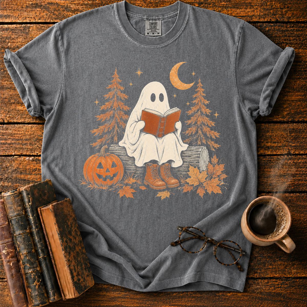 Cozy Ghost Reading Under the Moon T-Shirt