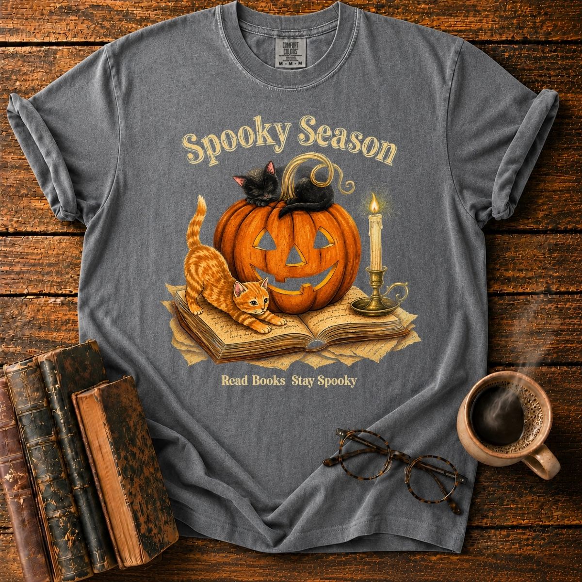 Spooky Season_ Pumpkin, Cats & Books T-Shirt