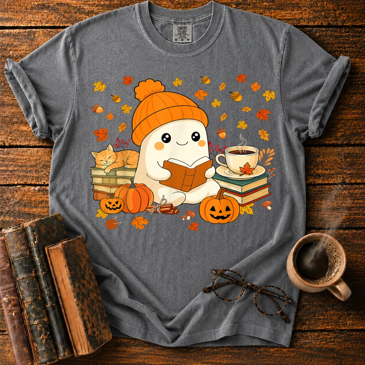 Cute Ghost Reading Book Halloween T-Shirt