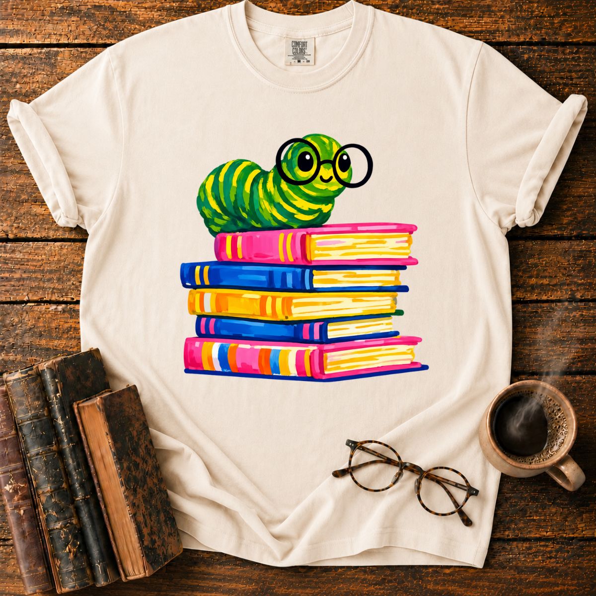 Cheerful Bookworm on Colorful Books T-Shirt