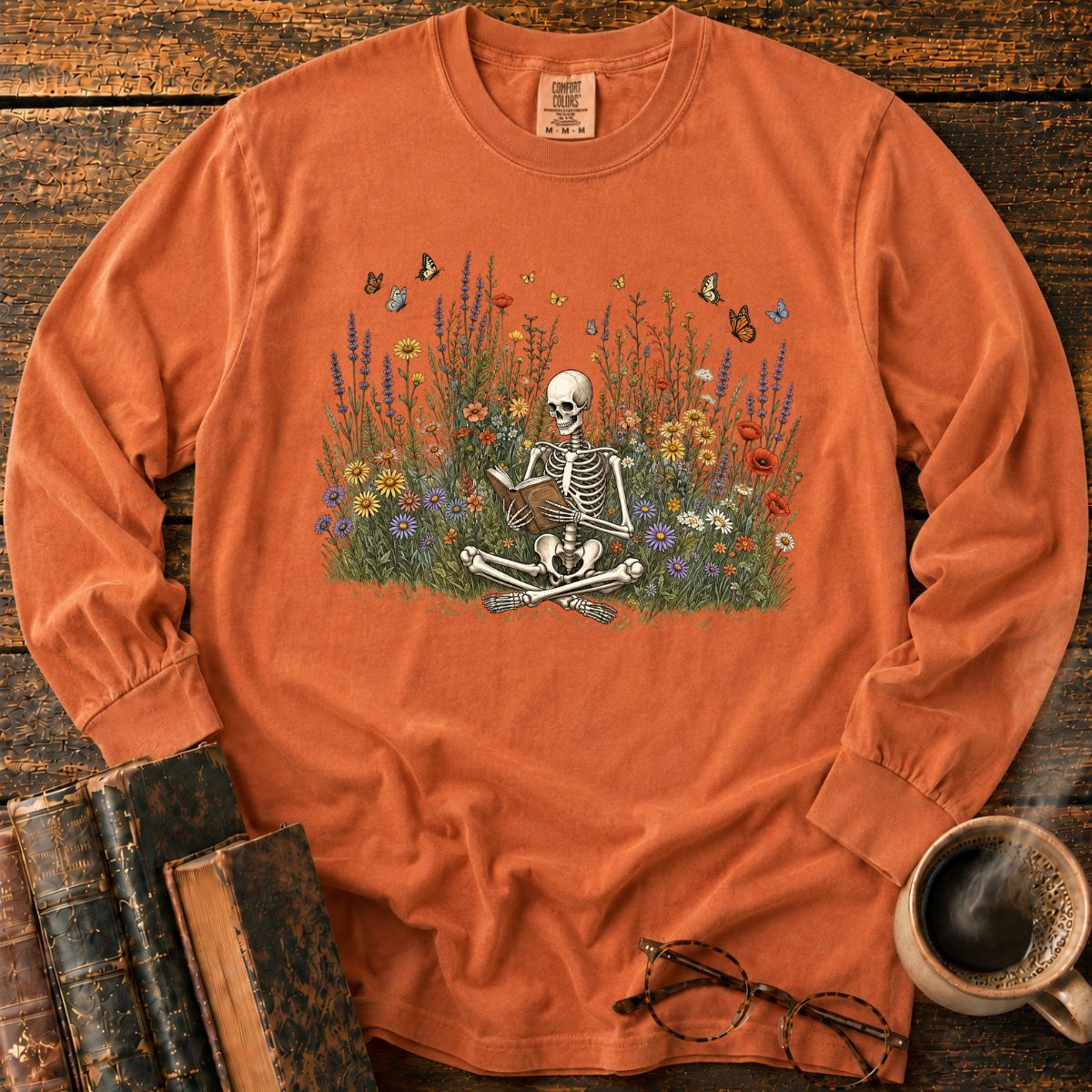 Skeleton Reading Wildflowers LS T-Shirt