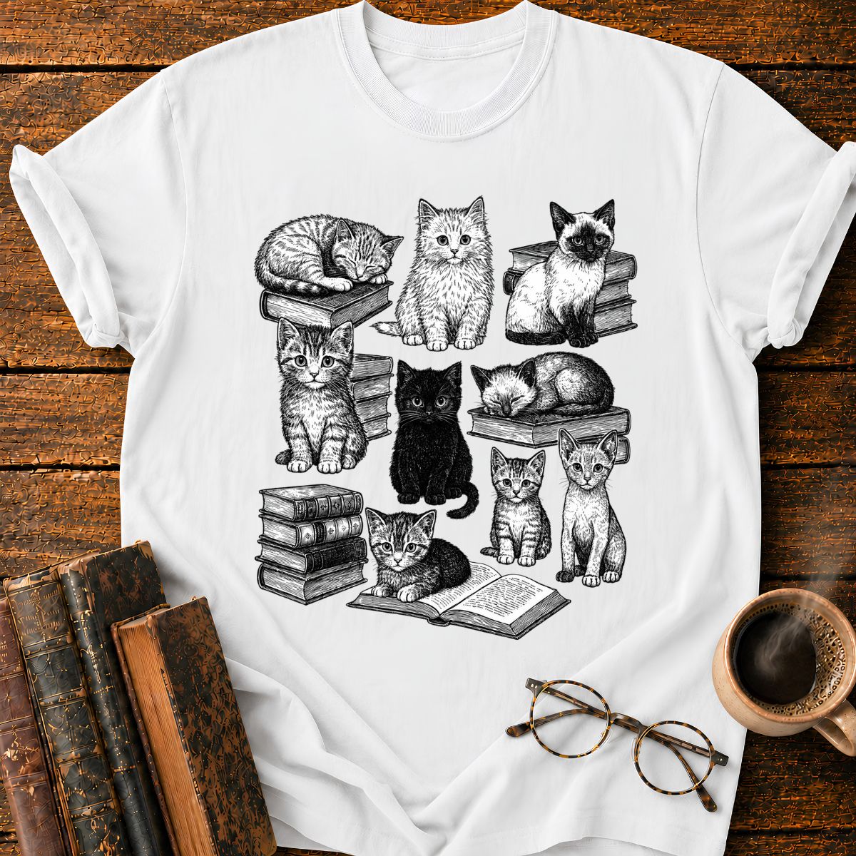 Vintage Puppy Bookworm Collage T-Shirt
