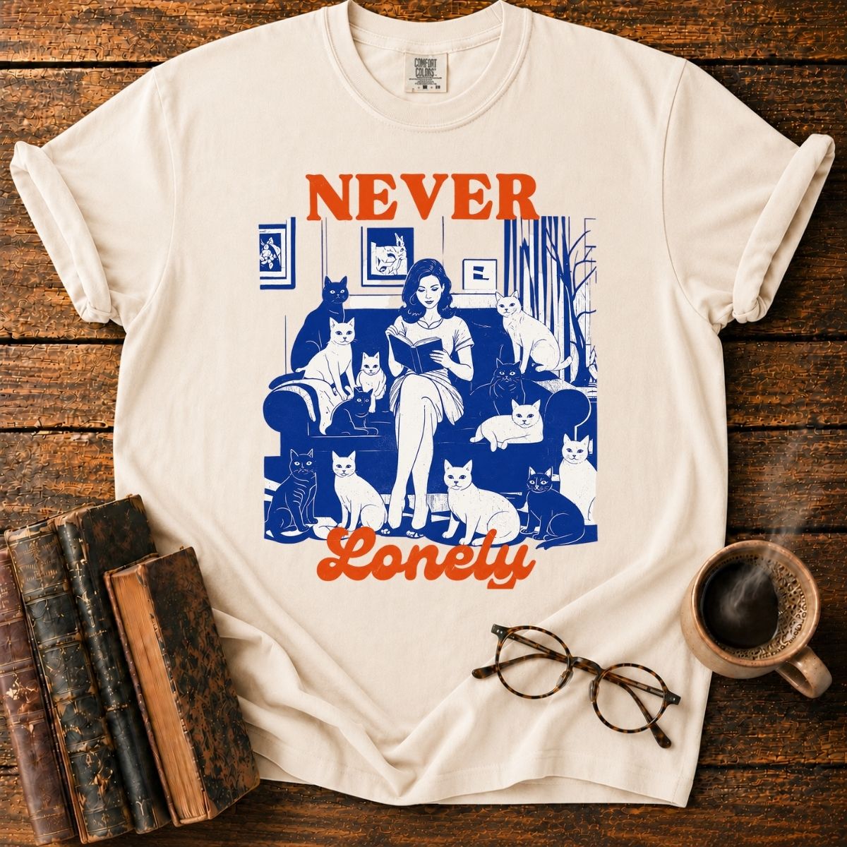 Never Lonely_ Cats and Cozy Reading T-Shirt