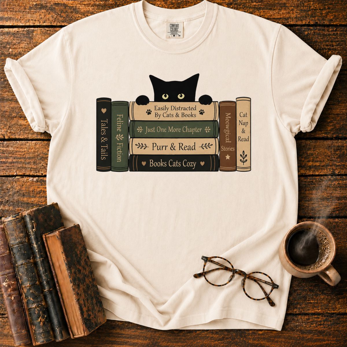 Curious Cat Peeking Over Books T-Shirt