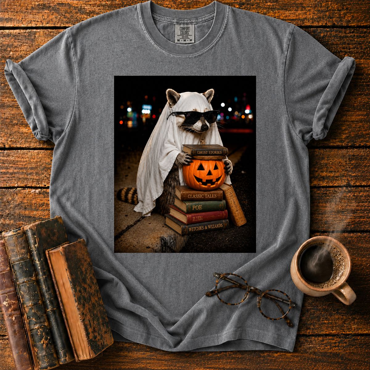 Raccoon Ghost Among Halloween Books T-Shirt