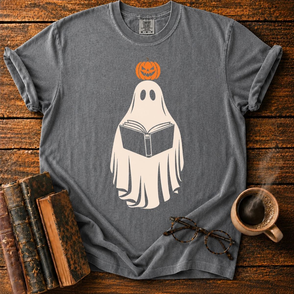 Pumpkin-Topped Ghost Reading a Book T-Shirt