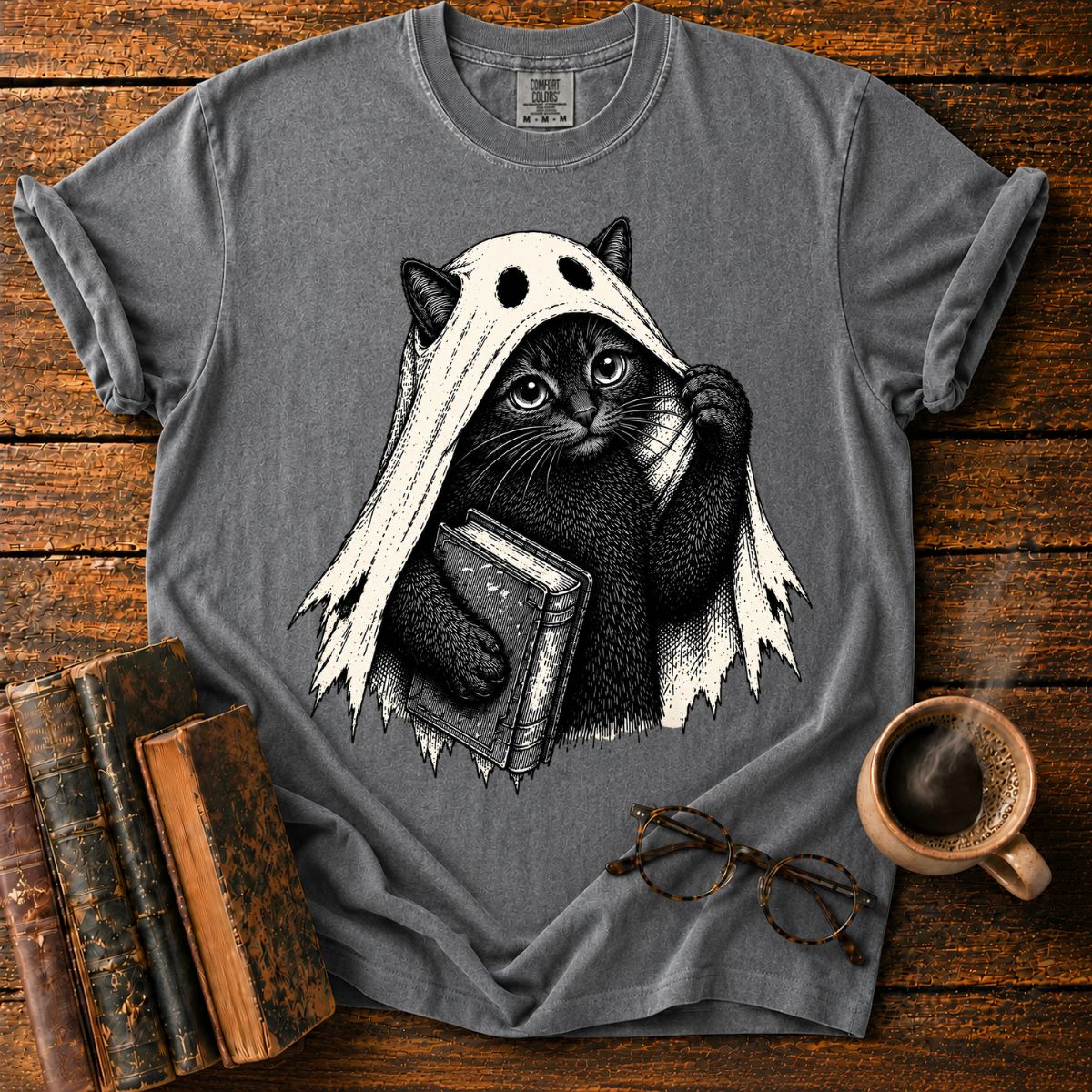Ghost Black Cat with Haunted Book T-Shirt