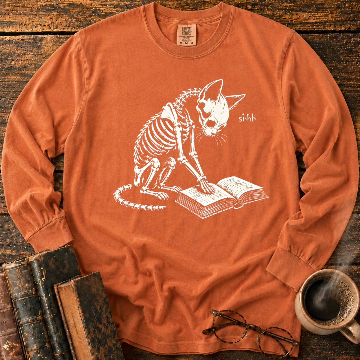 Shhh Skeleton Cat Reading LS T-Shirt