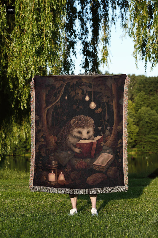 Hedgehog Reading Woven Throw Blanket