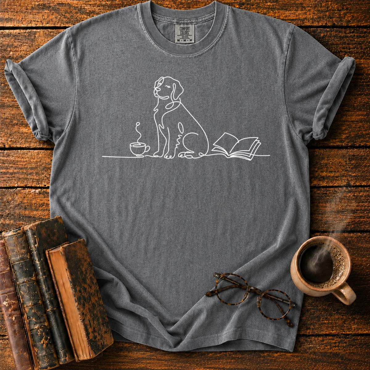 Minimalist Dog with Cup and Book T-Shirt