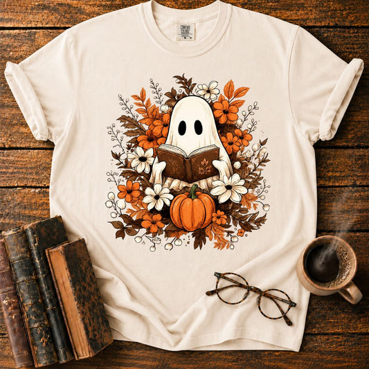 Autumn Ghost Reading in a Floral T-Shirt