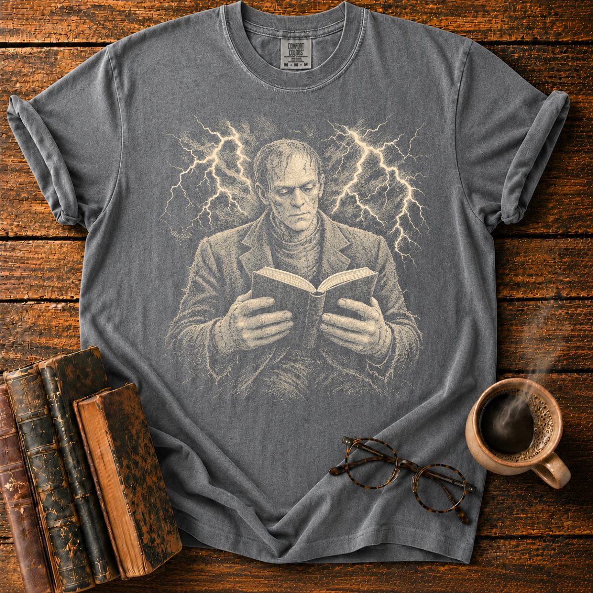 Frankenstein Monster Reading Lightning T-Shirt