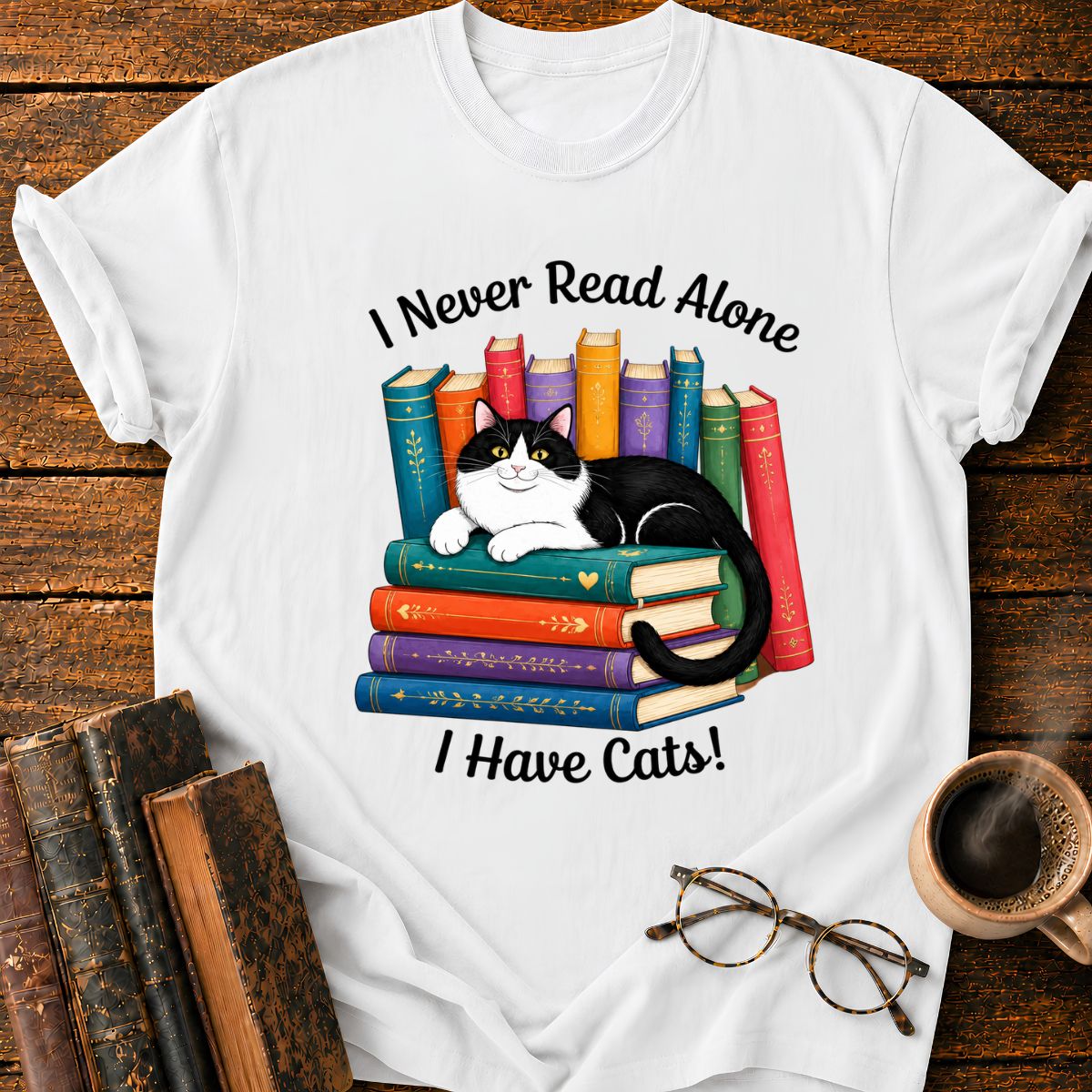 Tuxedo Cat’s Colorful Book T-Shirt