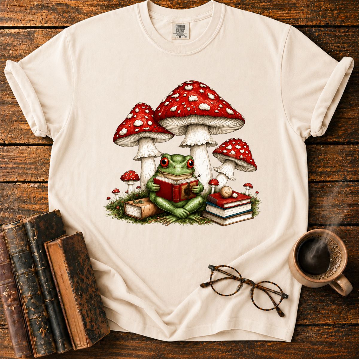 Frog Reading Beneath Mushroom T-Shirt