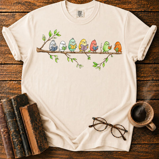 Seven Studious Birds on a Leafy Branch T-Shirt