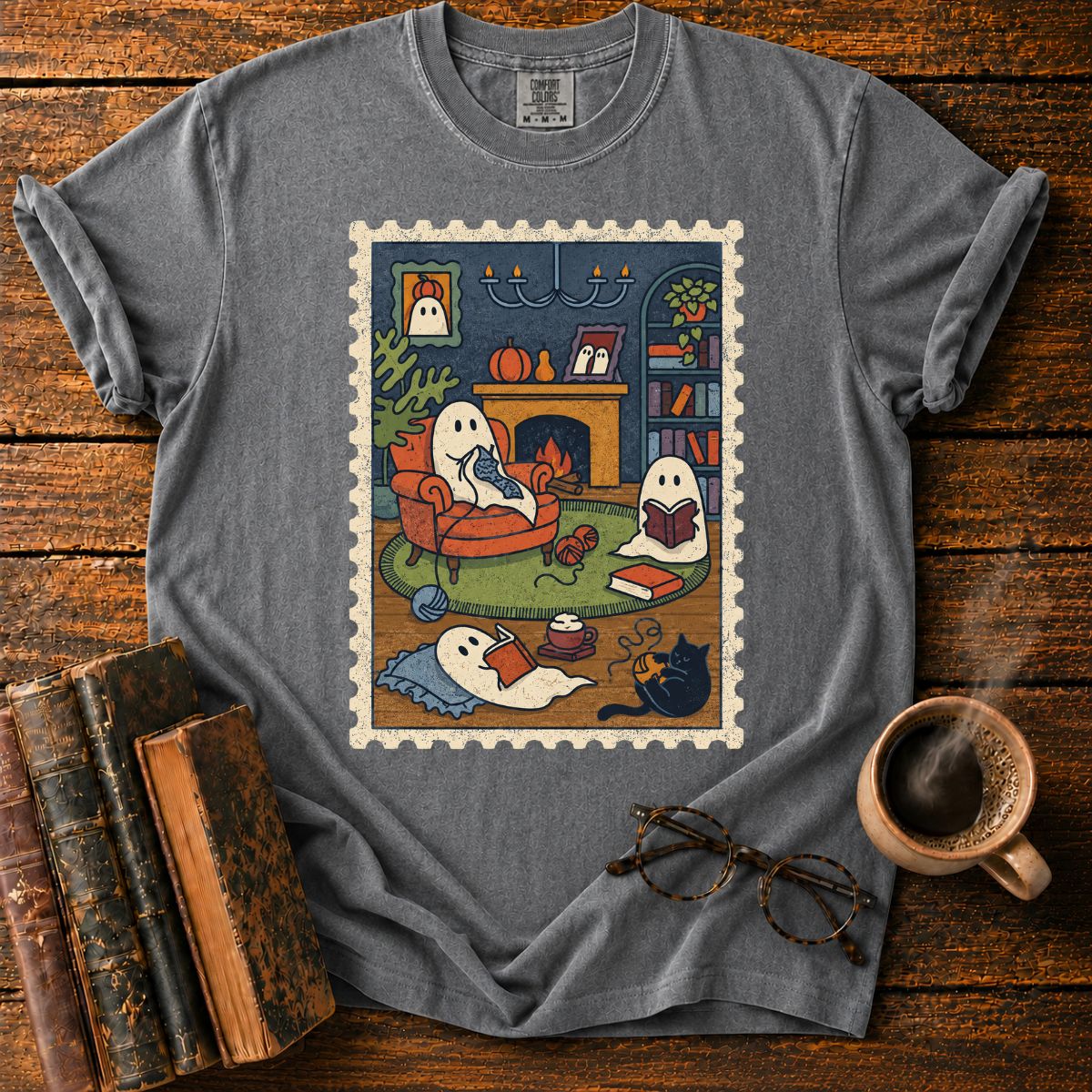 Cozy Ghost Reading Stamp T-Shirt