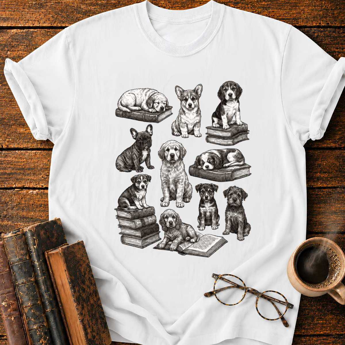 Vintage Puppy Bookworm Collage T-Shirt