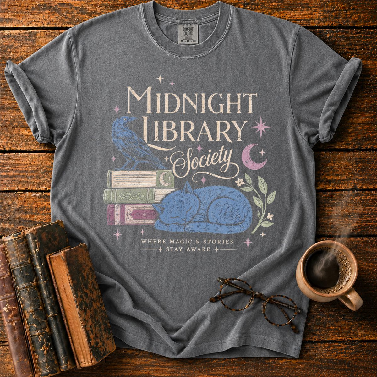 Midnight Library Society Cat Raven T-Shirt