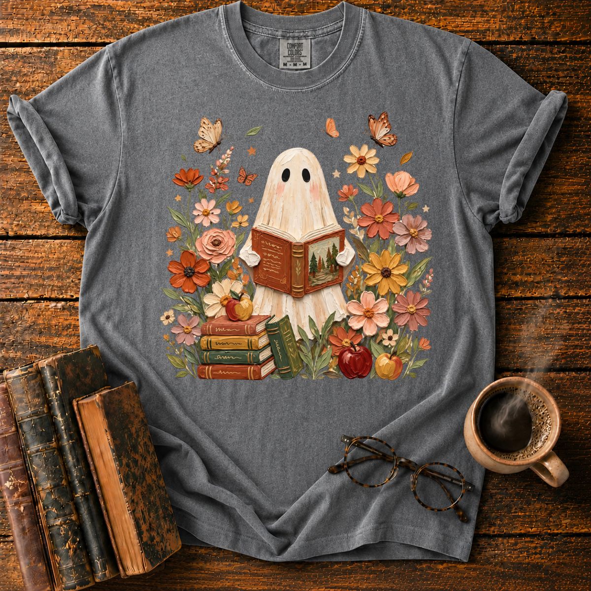 Ghost Reading Among Autumn Blooms T-Shirt