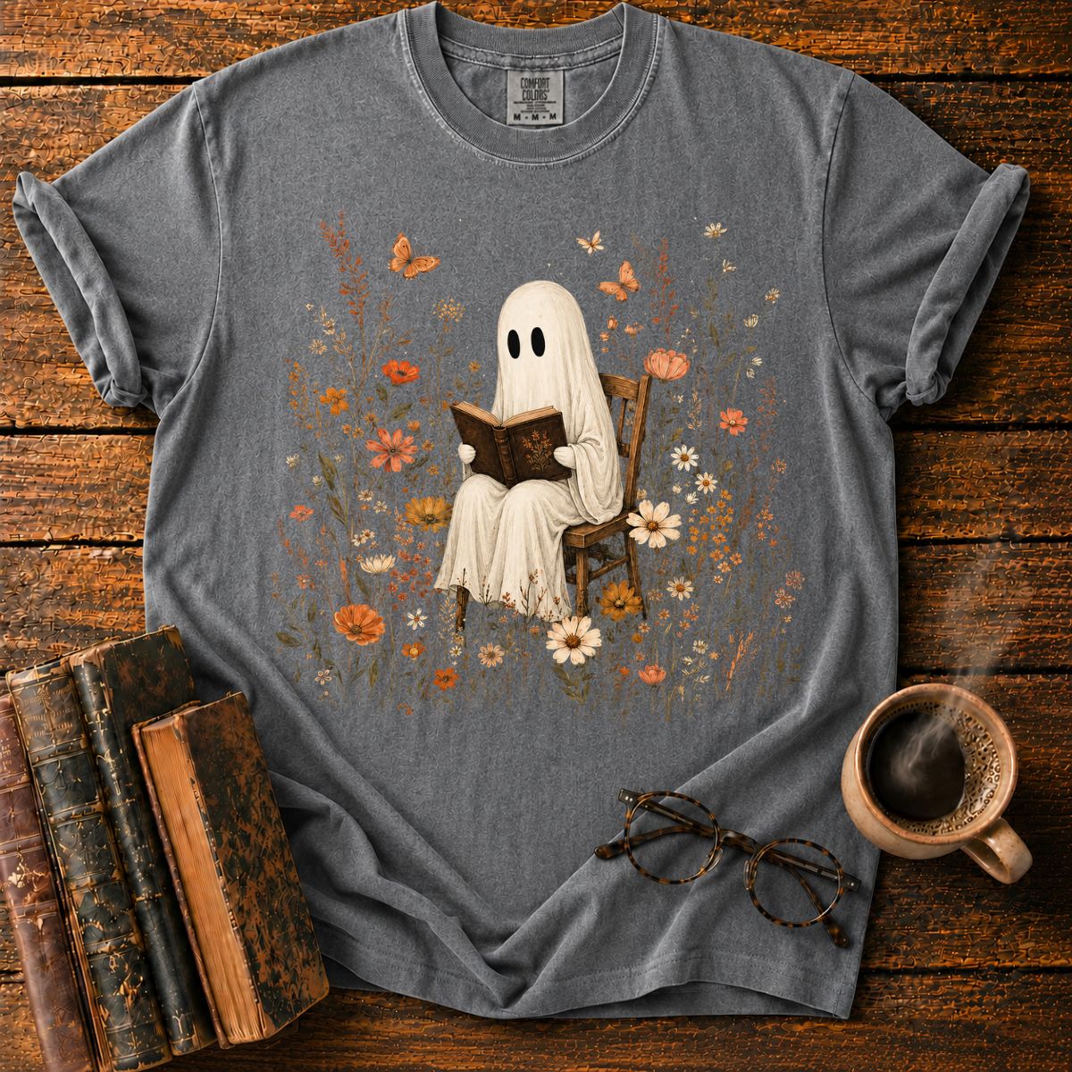 Ghost Reading in a Wildflower T-Shirt