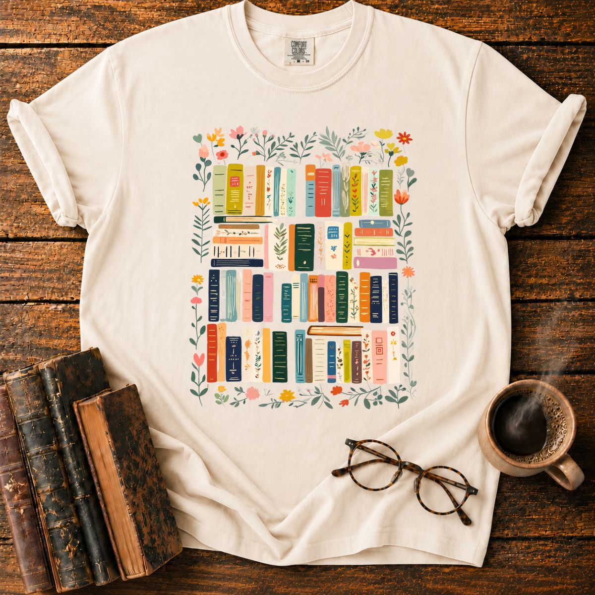 Floral Wreath Around Bookshelves T-Shirt